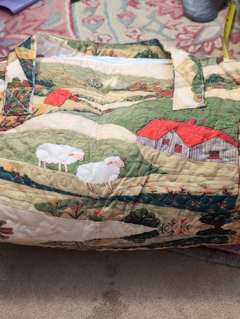Country Cottage And Sheep Quilted Duffle Bag in Green and Cream with Red Accents